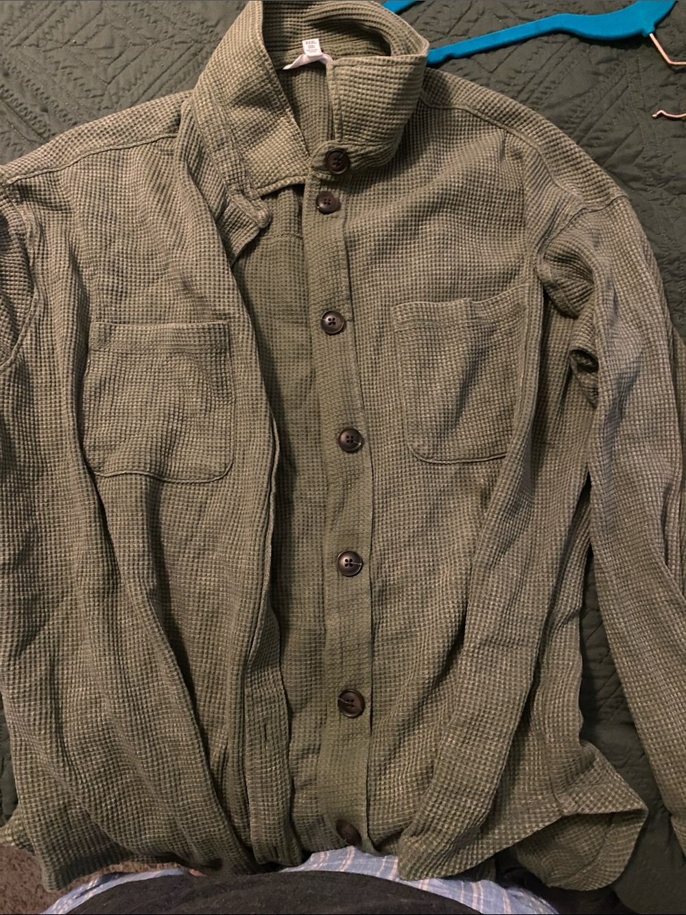 Time and Tru Olive Green Waffle-Knit Button-Down Shirt